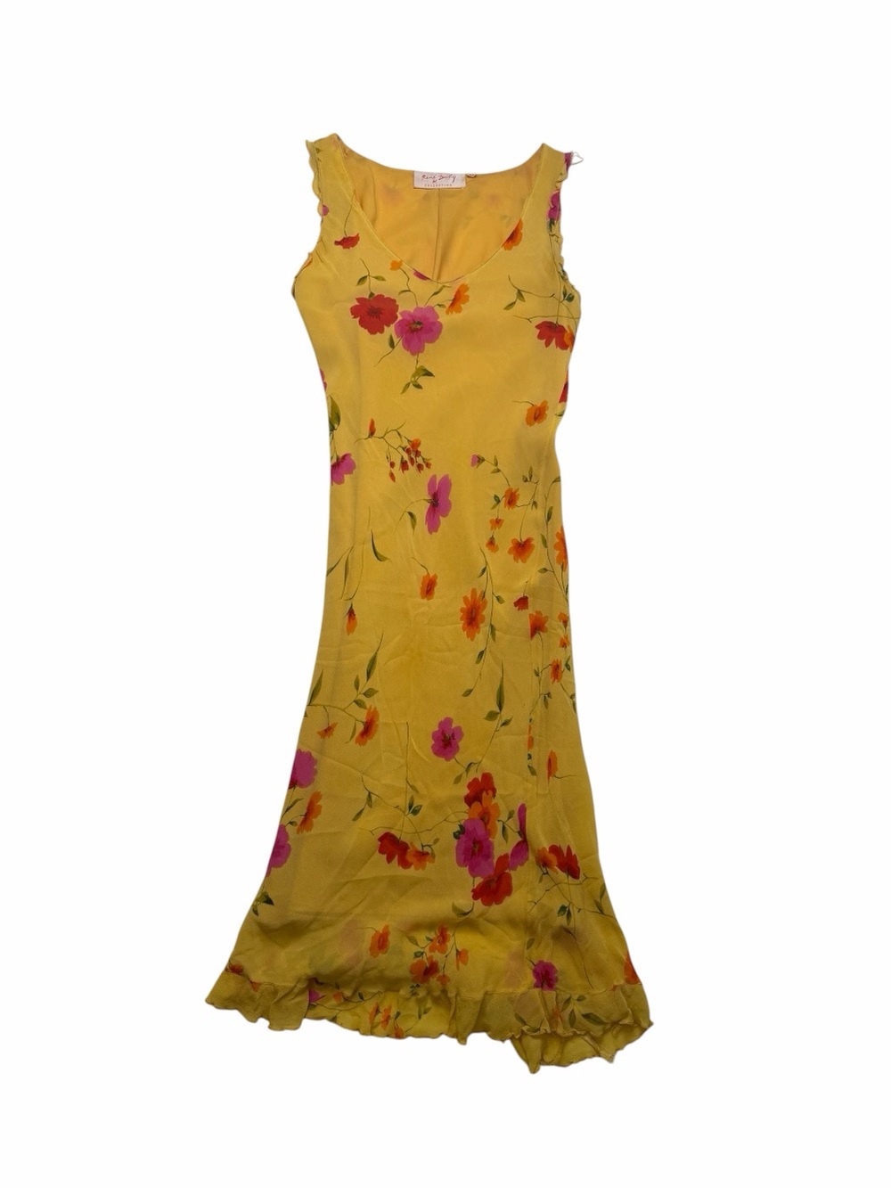 René Derhy Y2K Yellow Floral Chiffon HandkerchiefHem Dress Size M